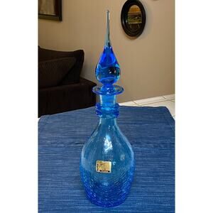 VTG MCM Pilgrim 15" Blue Crackle Glass Decanter Bottle Stopper Sticker Label HTF